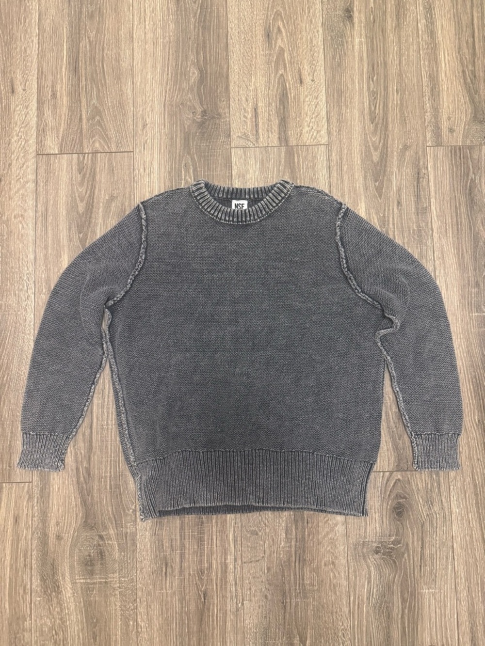 NSF Womens Cotton Long Sleeved Distressed Knitted Crew Neck Sweater Gray XXS